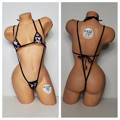 Cow Print Mesh *Semi Sheer* with Black Trim  2pc Bikini Set One Size-4