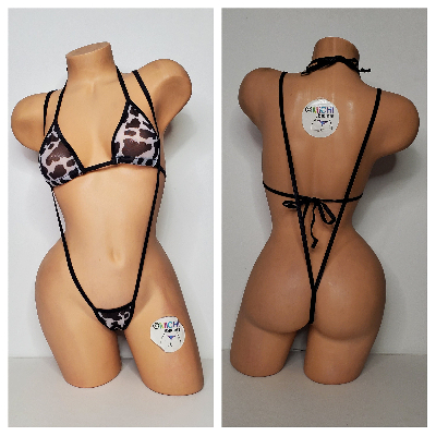 Cow Print Mesh *Semi Sheer* with Black Trim  2pc Bikini Set One Size-5