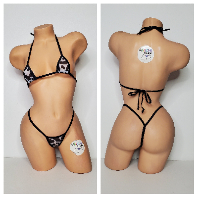 Cow Print Mesh *Semi Sheer* with Black Trim  2pc Bikini Set One Size-8