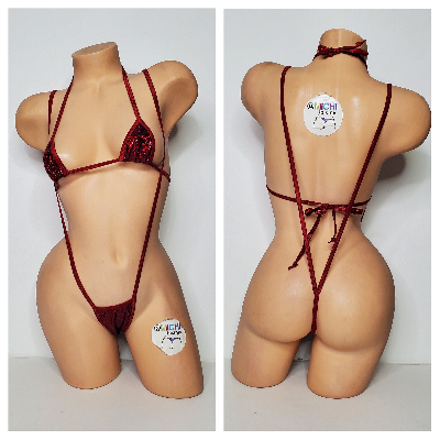 Shattered Holographic Dark Red with Dark Red Trim 2 Pc Micro String Bikini Set One Size-1