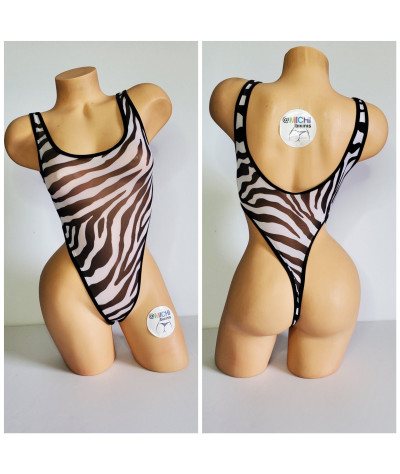 White w/ Black Zebra Stripes Mesh ***Very Sheer*** w/ Black Trim 1 Piece Bodysuit Size SMALL