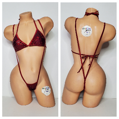 Shattered Holographic Dark Red with Dark Red Trim 2 Pc Micro String Bikini Set One Size-4