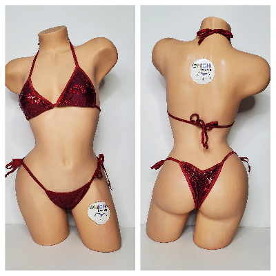 Shattered Holographic Dark Red with Dark Red Trim 2 Pc Micro String Bikini Set One Size-7