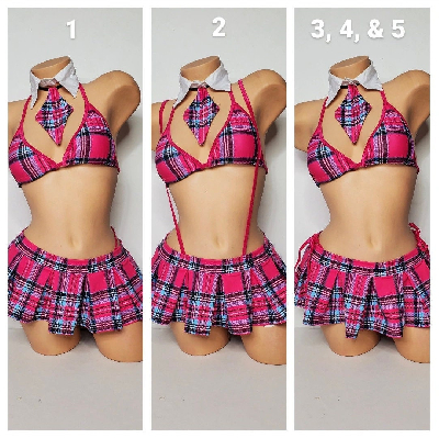 Hot Pink & Sky Blue Plaid w/ Magenta Trim Sexy School Girl Costume Pleaded Skirt 5 Piece Set