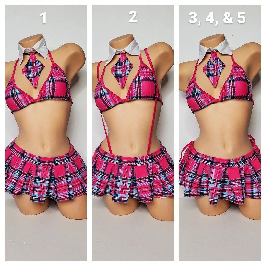 Hot Pink & Sky Blue Plaid w/ Magenta Trim Sexy School Girl Costume Pleaded Skirt 5 Piece Set