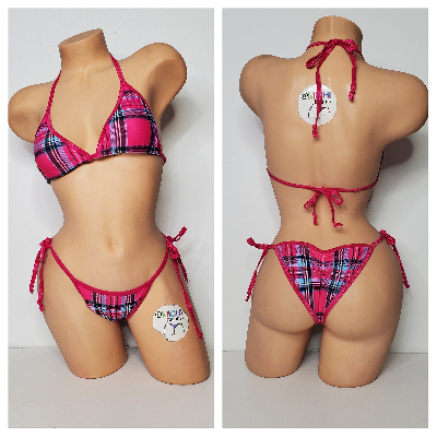 Hot Pink & Sky Blue Plaid w/ Magenta Trim Sexy School Girl Costume Pleaded Skirt 5 Piece Set-9
