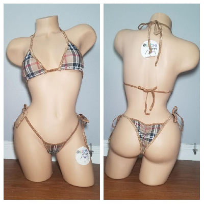 Tan Plaid w/ Tan Trim  2 Piece Micro String Bikini Set One Size-1