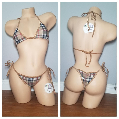 Tan Plaid w/ Tan Trim  2 Piece Micro String Bikini Set One Size-2