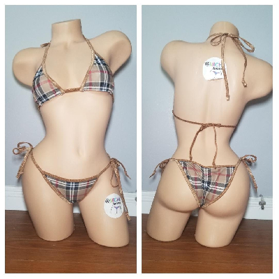 Tan Plaid w/ Tan Trim  2 Piece Micro String Bikini Set One Size-3