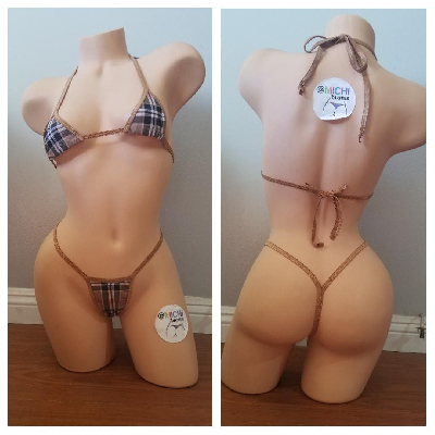 Tan Plaid w/ Tan Trim  2 Piece Micro String Bikini Set One Size-5
