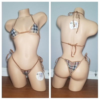 Tan Plaid w/ Tan Trim  2 Piece Micro String Bikini Set One Size-6