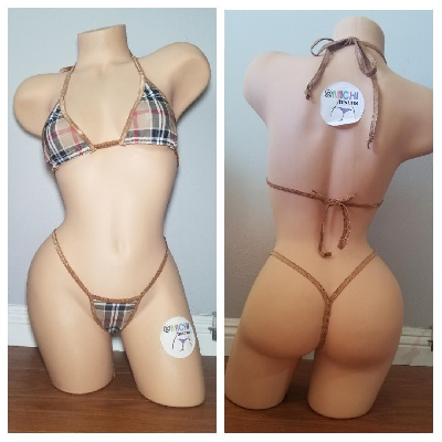 Tan Plaid w/ Tan Trim  2 Piece Micro String Bikini Set One Size-7