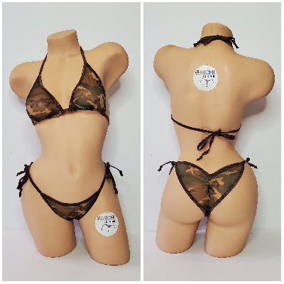 Camouflage Mesh ***VERY SHEER*** with Brown Trim 2pc Bikini Set One Size-0