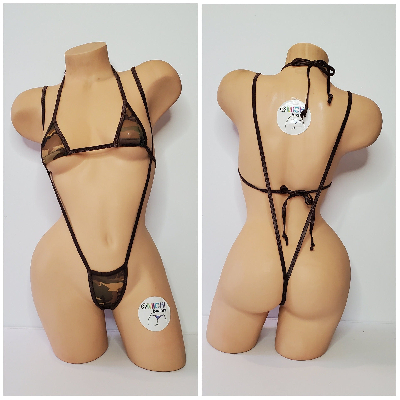Camouflage Mesh ***VERY SHEER*** with Brown Trim 2pc Bikini Set One Size-2