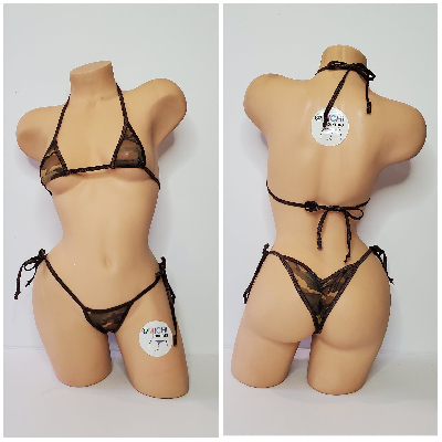 Camouflage Mesh ***VERY SHEER*** with Brown Trim 2pc Bikini Set One Size-4