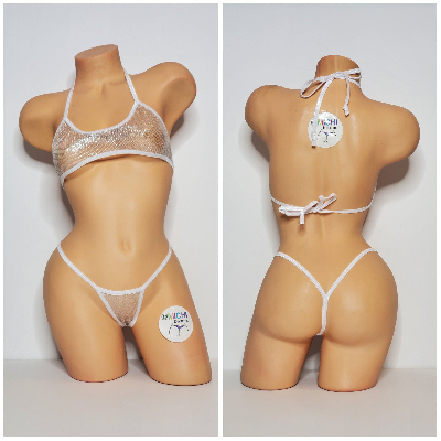 White & Silver Metallic Tulle *EXTREMELY SHEER* w/ White Trim Halter Top Y Back Thong Bottom 2 Piece Micro Bikini Set-0