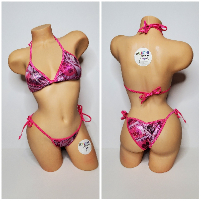 Hot Pink Hundred Dollar Bills Pattern w Your Choice 2 Piece Micro String Bikini Set One Size-2
