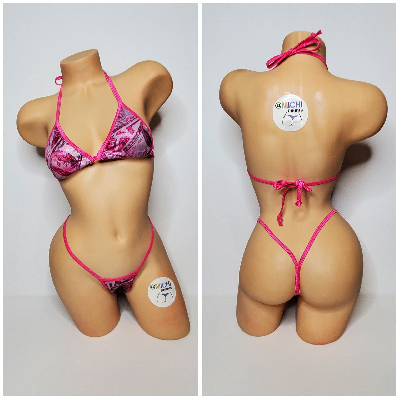 Hot Pink Hundred Dollar Bills Pattern w Your Choice 2 Piece Micro String Bikini Set One Size-6