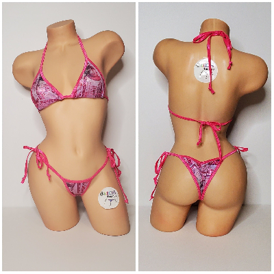 Hot Pink Hundred Dollar Bills Pattern w Your Choice 2 Piece Micro String Bikini Set One Size-10