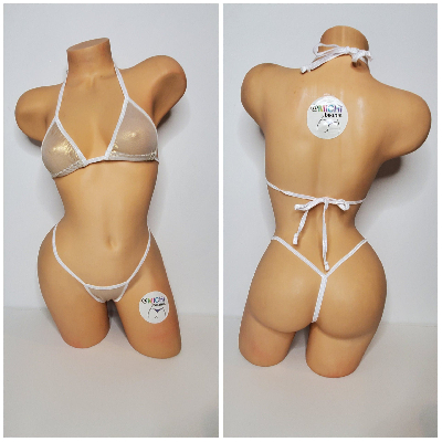 White Mesh ***VERY SHEER*** w/ Metallic Gold Shimmer w/ White Trim  2 Piece Micro Bikini Set-4
