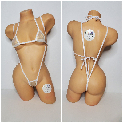 White Mesh ***VERY SHEER*** w/ Metallic Gold Shimmer w/ White Trim  2 Piece Micro Bikini Set-5
