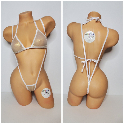 White Mesh ***VERY SHEER*** w/ Metallic Gold Shimmer w/ White Trim  2 Piece Micro Bikini Set-7