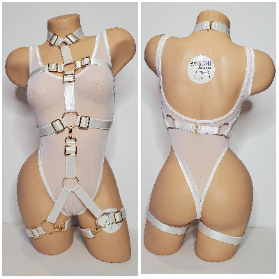 White Satin Harness Lingerie with Gold Hardware Adjustable 3 Piece Set Desire by Michi Collection