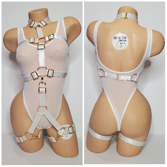 White Satin Harness Lingerie with Gold Hardware Adjustable 3 Piece Set Desire by Michi Collection