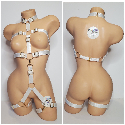 White Satin Harness Lingerie with Gold Hardware Adjustable 3 Piece Set Desire by Michi Collection-0
