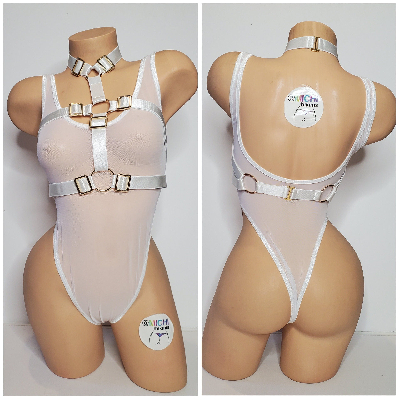 White Satin Harness Lingerie with Gold Hardware Adjustable 3 Piece Set Desire by Michi Collection-1