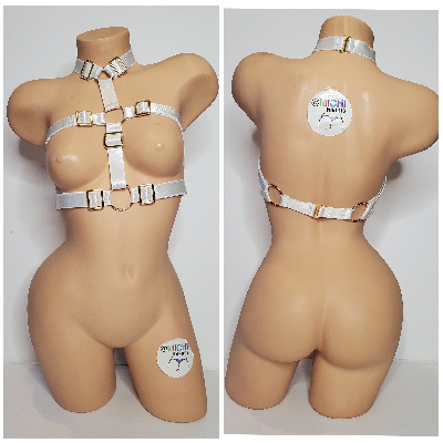 White Satin Harness Lingerie with Gold Hardware Adjustable 3 Piece Set Desire by Michi Collection-2