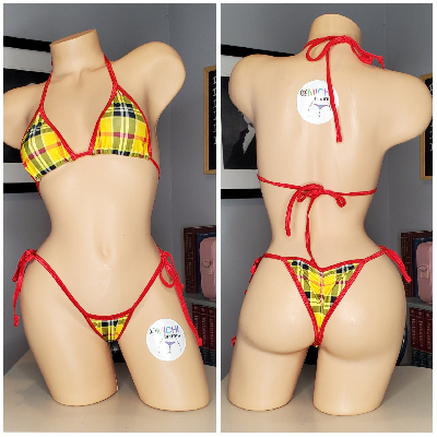 Yellow & Red Plaid with Your Choice Trim Color 2 Piece Micro String Bikini Set One Size-3