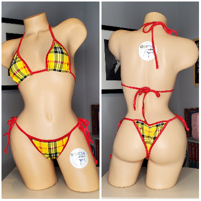 Yellow & Red Plaid with Your Choice Trim Color 2 Piece Micro String Bikini Set One Size-4