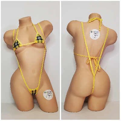 Yellow & Red Plaid with Your Choice Trim Color 2 Piece Micro String Bikini Set One Size-5