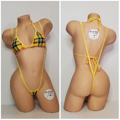 Yellow & Red Plaid with Your Choice Trim Color 2 Piece Micro String Bikini Set One Size-7