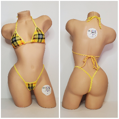 Yellow & Red Plaid with Your Choice Trim Color 2 Piece Micro String Bikini Set One Size-9