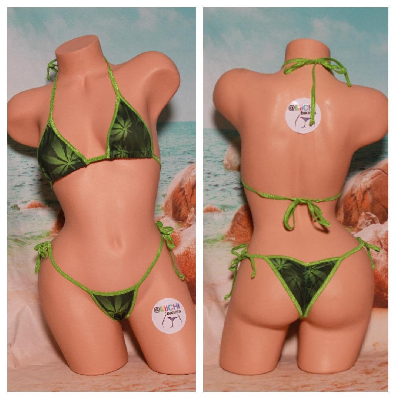 Green Weed Pot Leaf Pattern with Lime Green Trim 2 Piece Micro Bikini Set-7