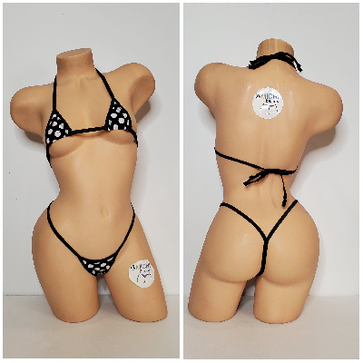 Black with White Polka Dots with Your Choice Trim Color 2pc Micro Bikini Set-2