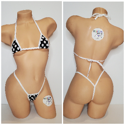 Black with White Polka Dots with Your Choice Trim Color 2pc Micro Bikini Set-5