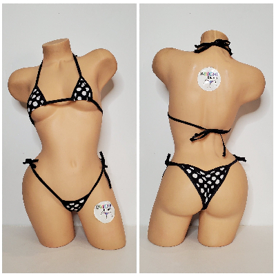 Black with White Polka Dots with Your Choice Trim Color 2pc Micro Bikini Set-7