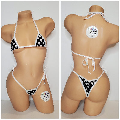 Black with White Polka Dots with Your Choice Trim Color 2pc Micro Bikini Set-8