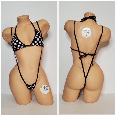 Black with White Polka Dots with Your Choice Trim Color 2pc Micro Bikini Set-9