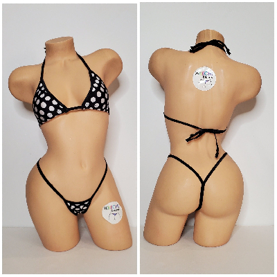 Black with White Polka Dots with Your Choice Trim Color 2pc Micro Bikini Set-11
