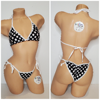 Black with White Polka Dots with Your Choice Trim Color 2pc Micro Bikini Set-13