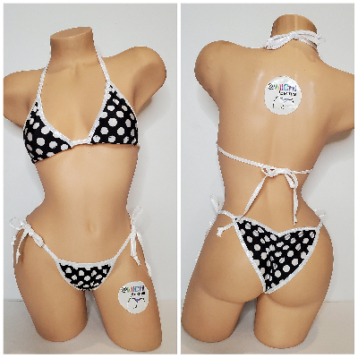 Black with White Polka Dots with Your Choice Trim Color 2pc Micro Bikini Set-14
