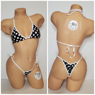 Black with White Polka Dots with Your Choice Trim Color 2pc Micro Bikini Set-15