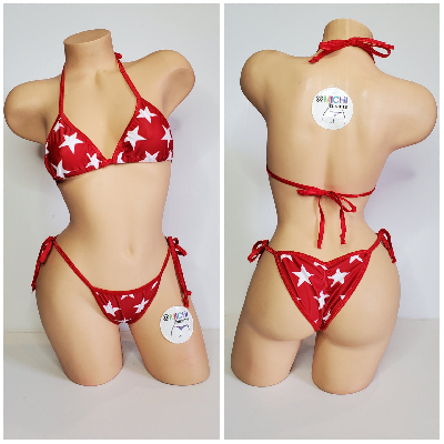 Red with White Stars with Your Choice Trim Color 2 Piece String Bikini Set One Size-1