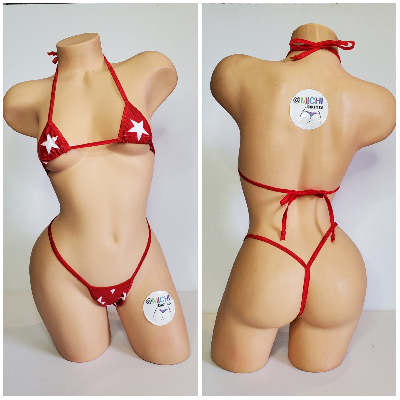 Red with White Stars with Your Choice Trim Color 2 Piece String Bikini Set One Size-4