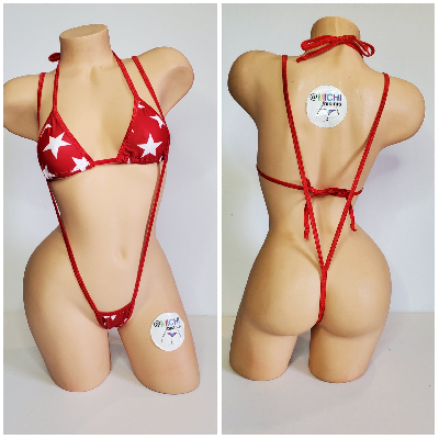 Red with White Stars with Your Choice Trim Color 2 Piece String Bikini Set One Size-6