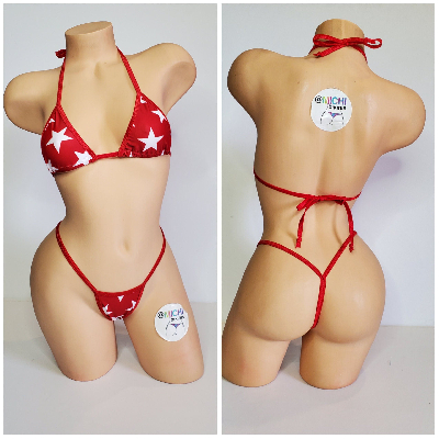 Red with White Stars with Your Choice Trim Color 2 Piece String Bikini Set One Size-7